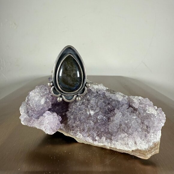 Sterling Silver Ring Gray Labradorite Teardrop Gemstone Elegant Jewelry Size 7 - Picture 1 of 5